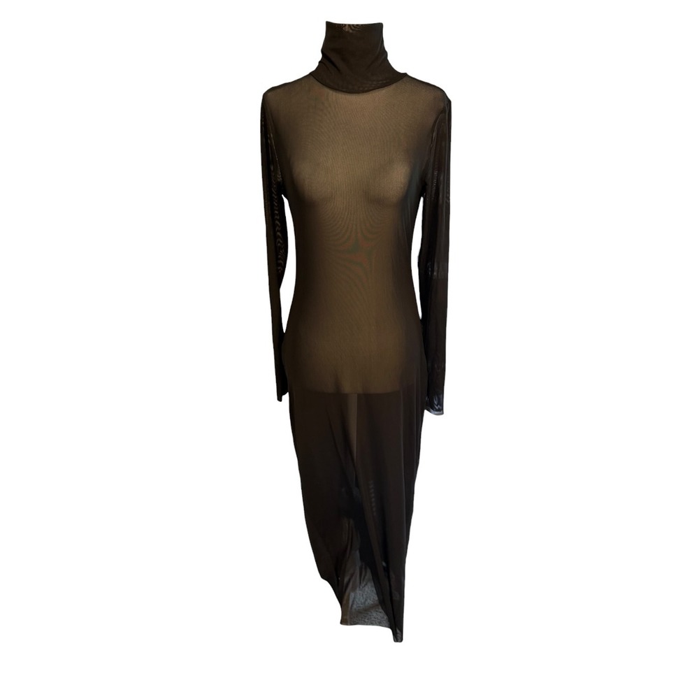 AFRM Los Angeles Black Sheer Mesh Turtleneck Long Sleeve Maxi Dress Medium